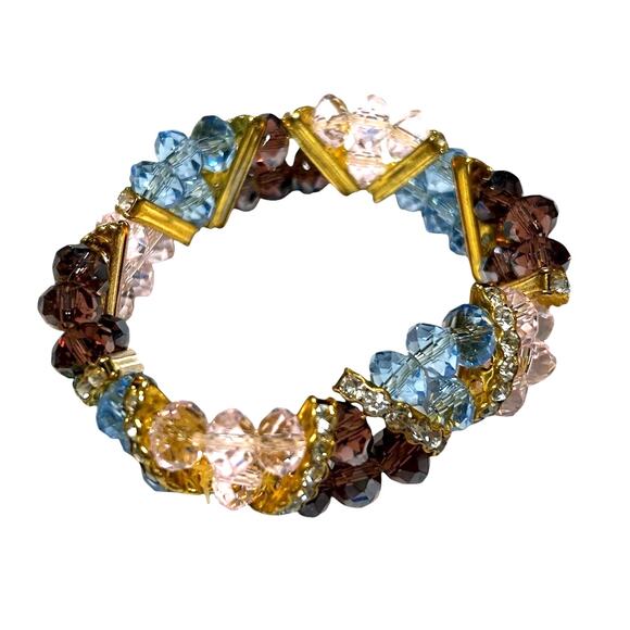 Fun Fashion Stretch Bracelet Blue Pink and Purple Beads, Gold Tone Bars Crystals - Picture 3 of 3